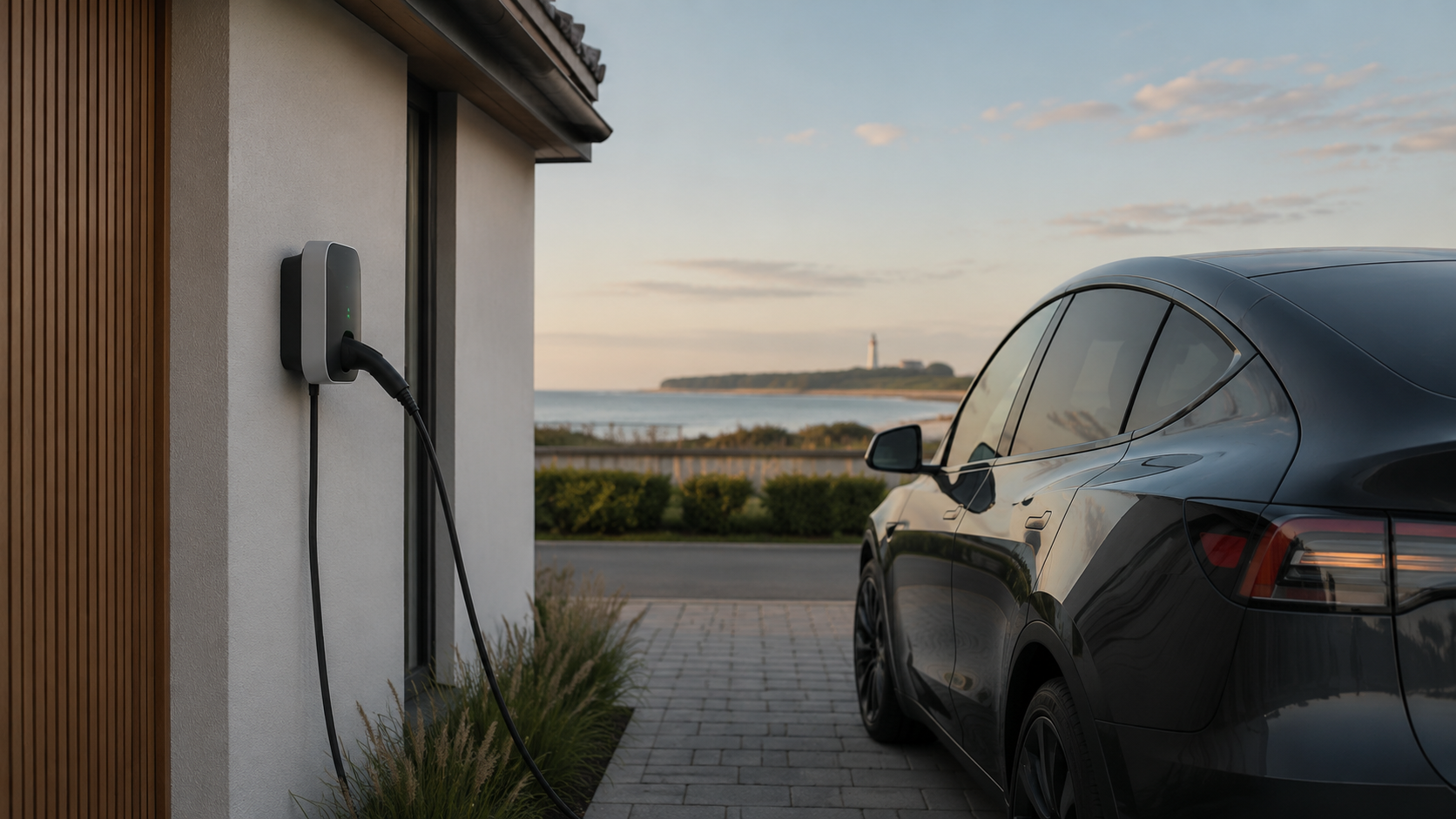 Wallbox und Elektroauto an einem modernen Wohnhaus